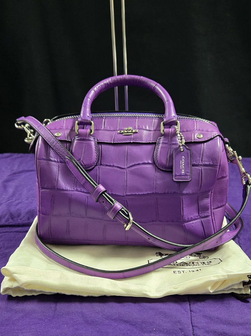 Coach Mini Bennet Croc-Embossed Purple Leather Satchel/ Crossbody